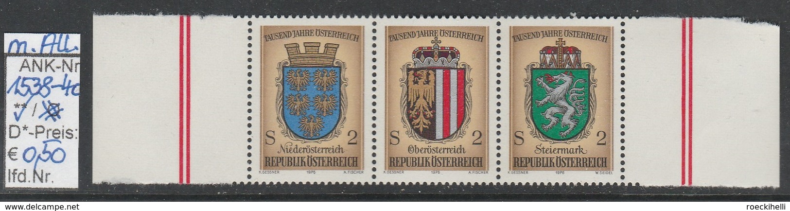 25.10.1976 -  Aus Block-Nr. 6 "1000 Jahre Österreich 976-1976"  - ** Postfrisch  -  Siehe Scan  (1538-1540 M.A.) - Nuevos