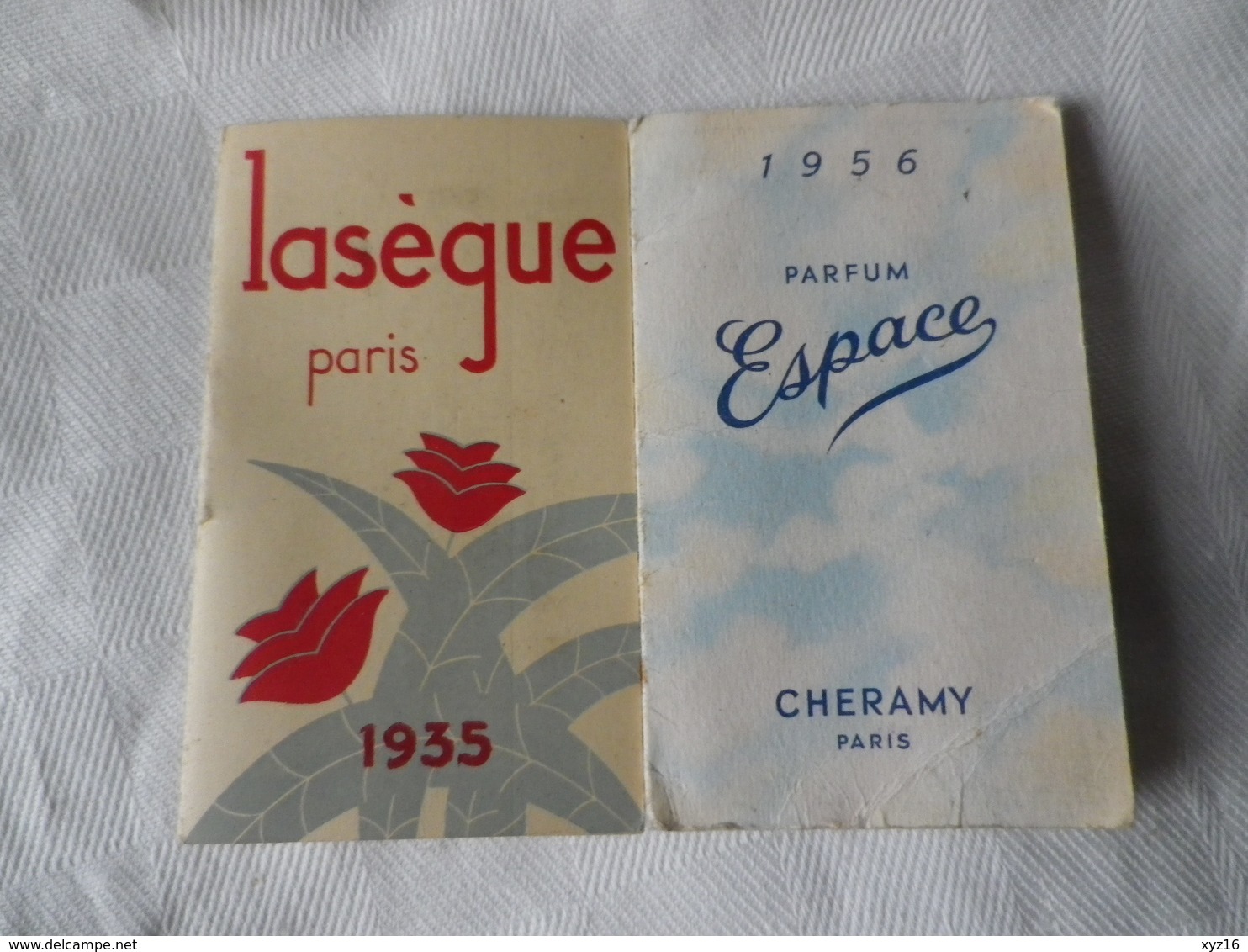 2-CARTES-PARFUMEES-anciennes-CALENDRIER-DE-POCHE-1935-LASEQUE-amp-CHERAMY-1956 - Vintage (until 1960)