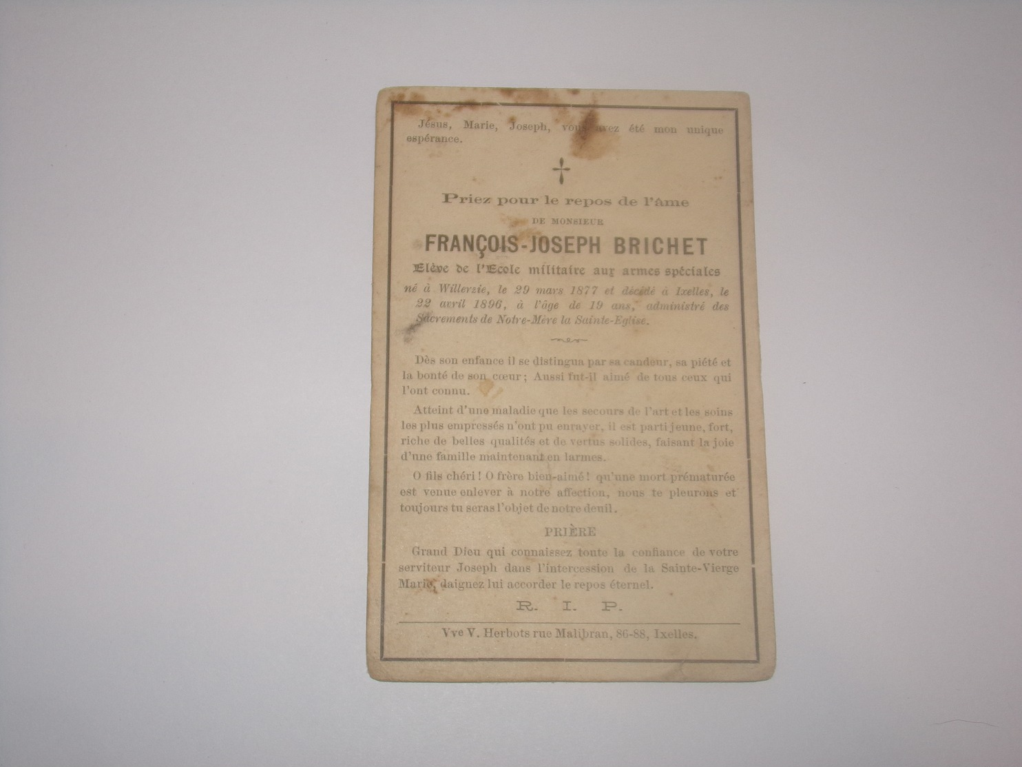 Décès De François Joseph Brichet Né à Willerzie 1877 Décédé à Ixelles 1896 élève école Militaire Aux Armes Spéciales. - Décès