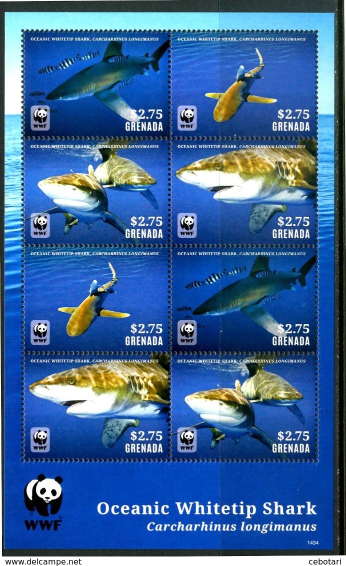 GRENADA 2014** - Squalo / Shark - WWF - Block Di 8 Val. MNH, Come Da Scansione. - Pesci