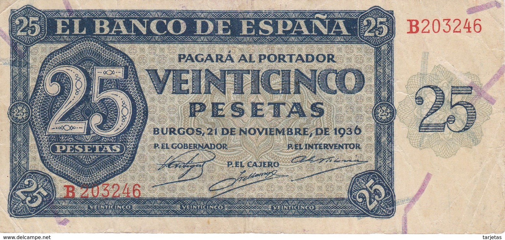 BILLETE DE ESPAÑA DE 25 PTAS DEL 21/11/1936 SERIE B CALIDAD  MBC (VF) (BANKNOTE) - 25 Peseten