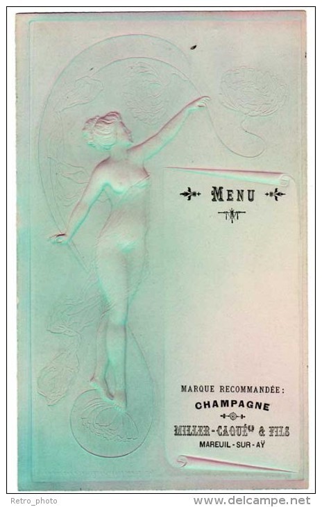 Menu Champagne Miller Caqué & Fils, Mareuil Sur Ay ( Femme Nue Style Art Nouveau, Gaufré, Superbe ) - Menus