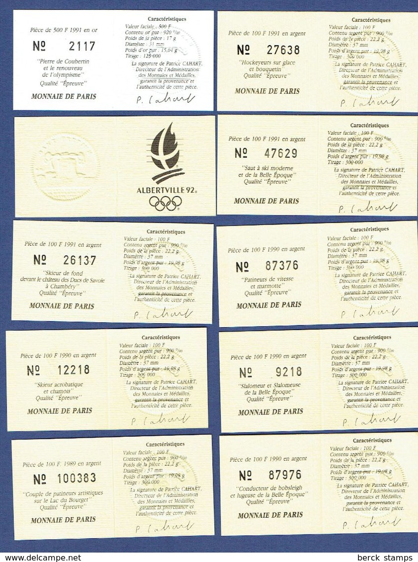 Monnaies -  JO D'Alberville De 1992 - 500f OR Et 100f ARGENT X 9 Avec Tous Les Certificats Dans Son écrin D'origine. - Collections