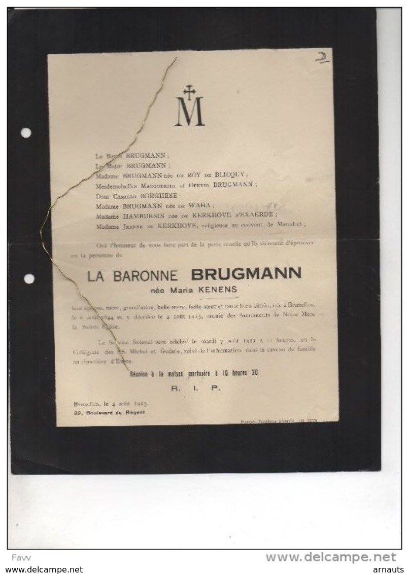 Baronne Brugmann Née Kenens °1844 +4/8/1923 Evere Du Roy De Blicquy Borghese De WAHA De Kerkhove D'exaerde Hambursin - Décès