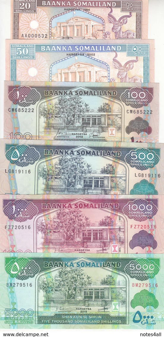 SOMALIA SOMALILAND 20 50 100 500 1000 5000 Shilling 2002 2015 P3 4 5 6 20 21 UNC - Somalia