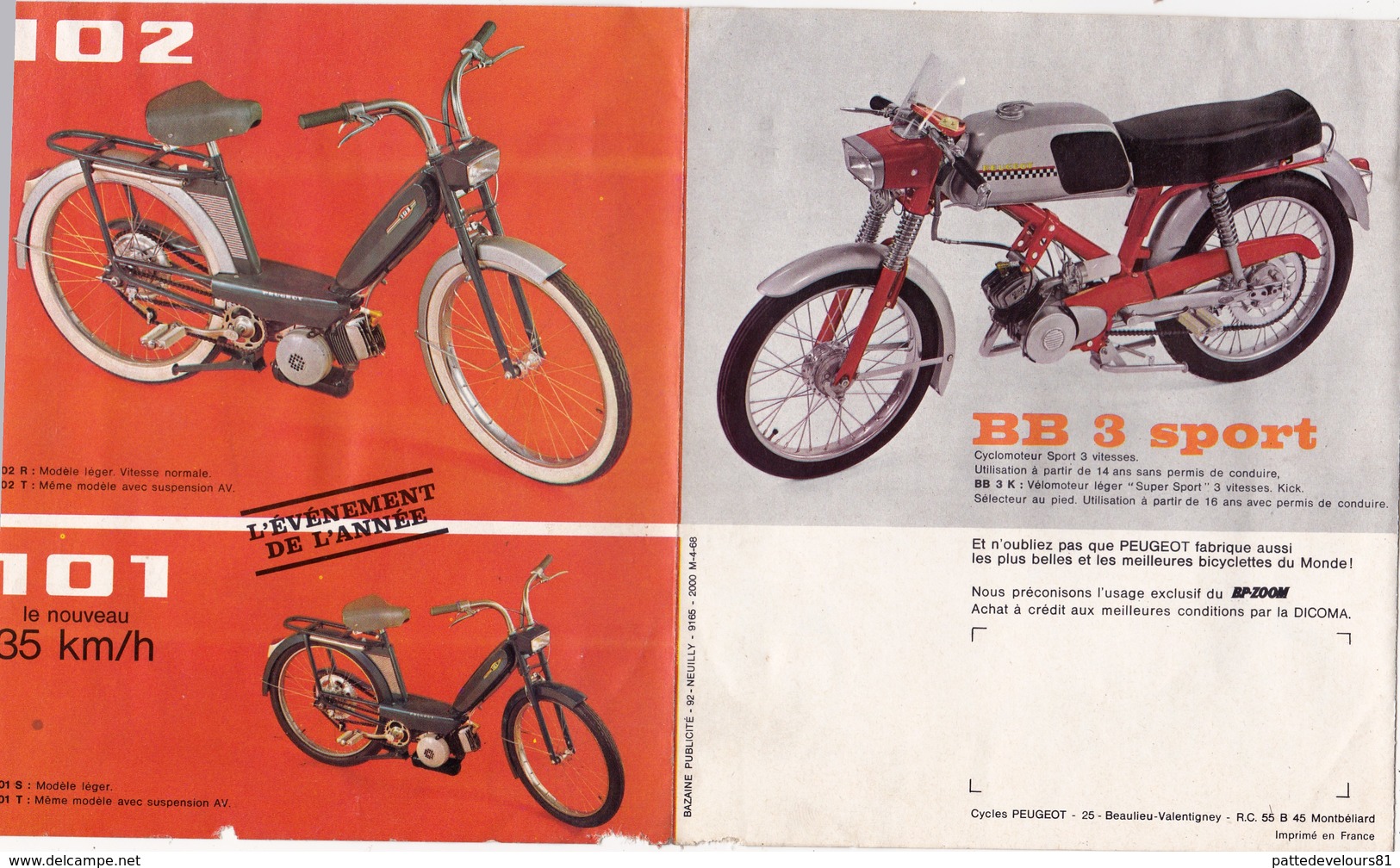 Dépliant Publicitaire 3 Feuillets 15 X 17,5 PEUGEOT 102 Mobylette 2 Roues Année 1968 (2 Scans) - Publicités