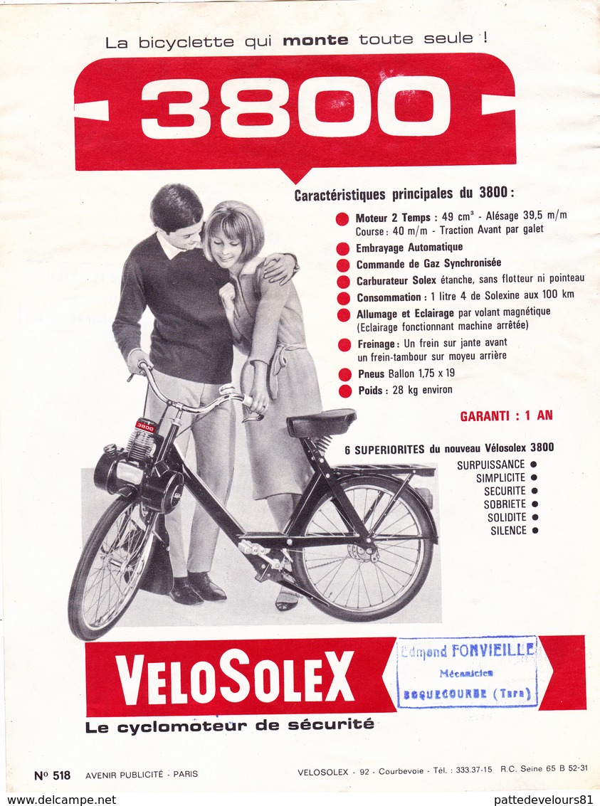 Publicité 1 Feuillet 21 X 27 SOLEX 3800 VELOSOLEX 3800 Mobylette  2 Roues (2 Scans) - Publicités