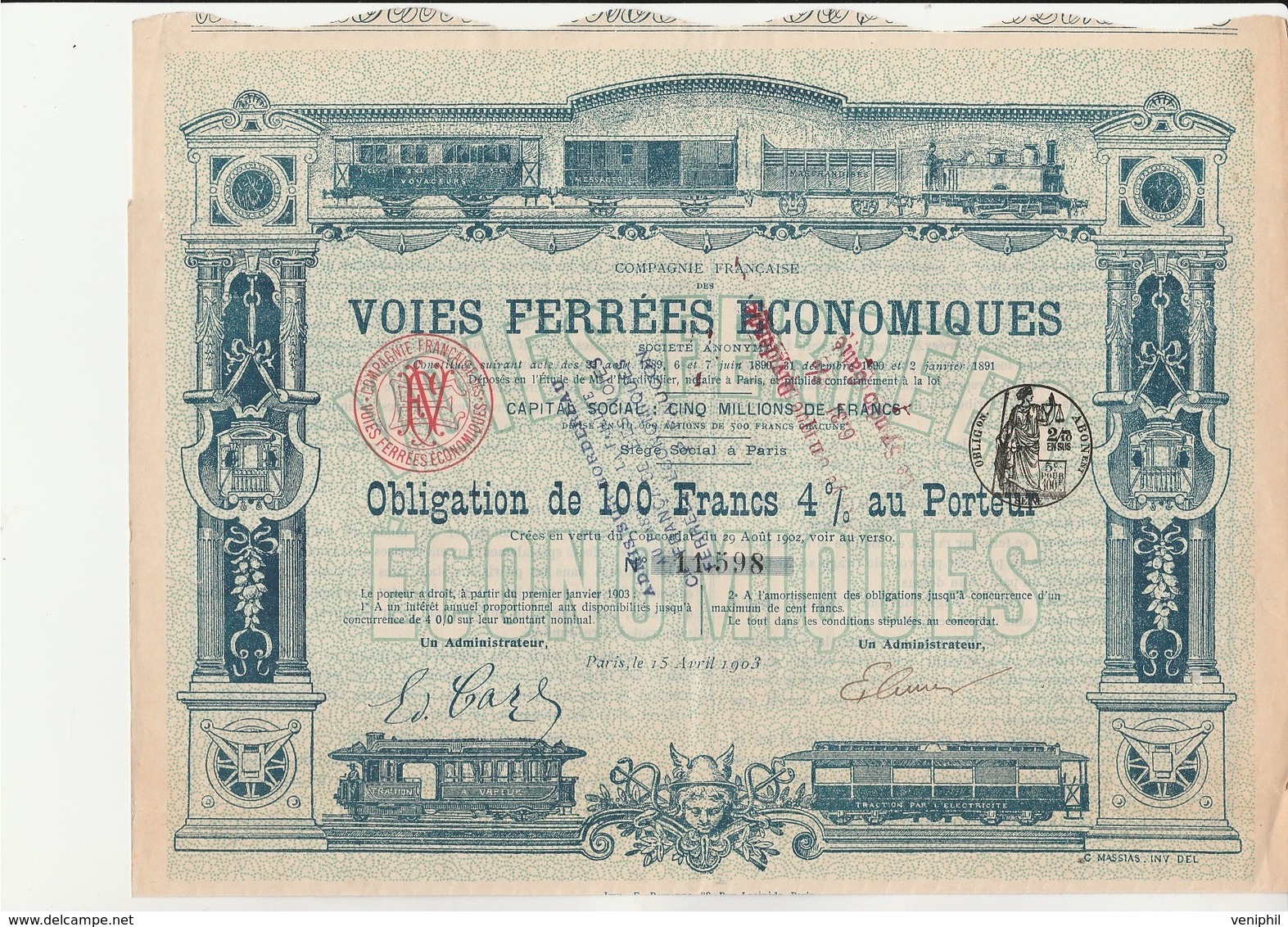 OBLIGATION DE 100 FRS 4 % -COMPAGNIE DES VOIES FERREES ECONOMIQUES -  ANNEE 1903 - Automobile