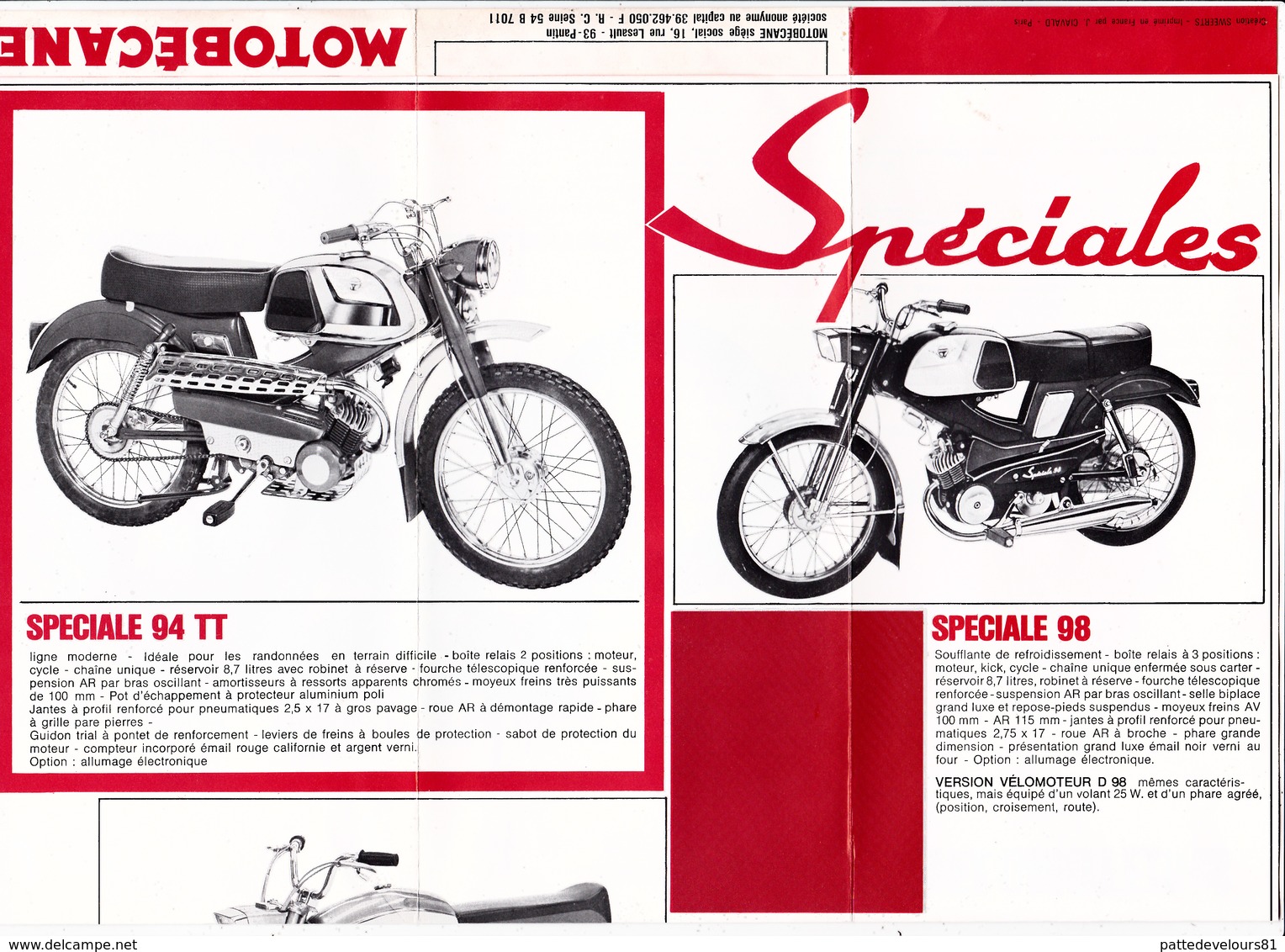 Publicité 2 Feuillets 21 X 20 MOTOBECANE D75 Et Spéciale 94 TT La 98 Et La 93 Mobylette Vélomoteur 2 Roues (2 Scans) - Publicités