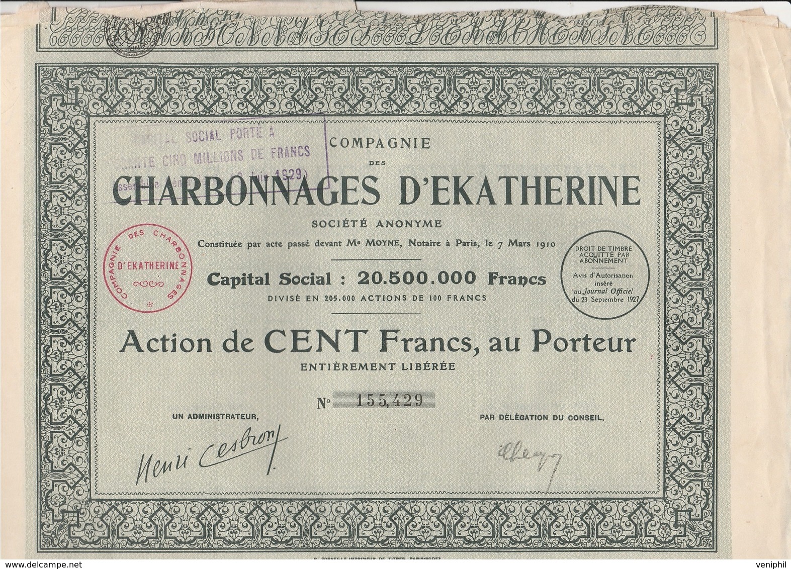 LOT DE 5 ACTION DE 100 FRS - COMPAGNIE DES CHARBONNAGES D'EKATHERINE -  1927 - Mines