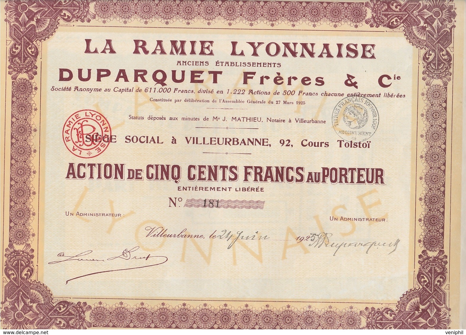 ACTION  DE 500 FRANCS -LA RAMIE LYONNAISE ANCIEN ETAB . DUPARQUET FRERES A VILLEURBANNE - ANNEE 1925 - Sonstige & Ohne Zuordnung