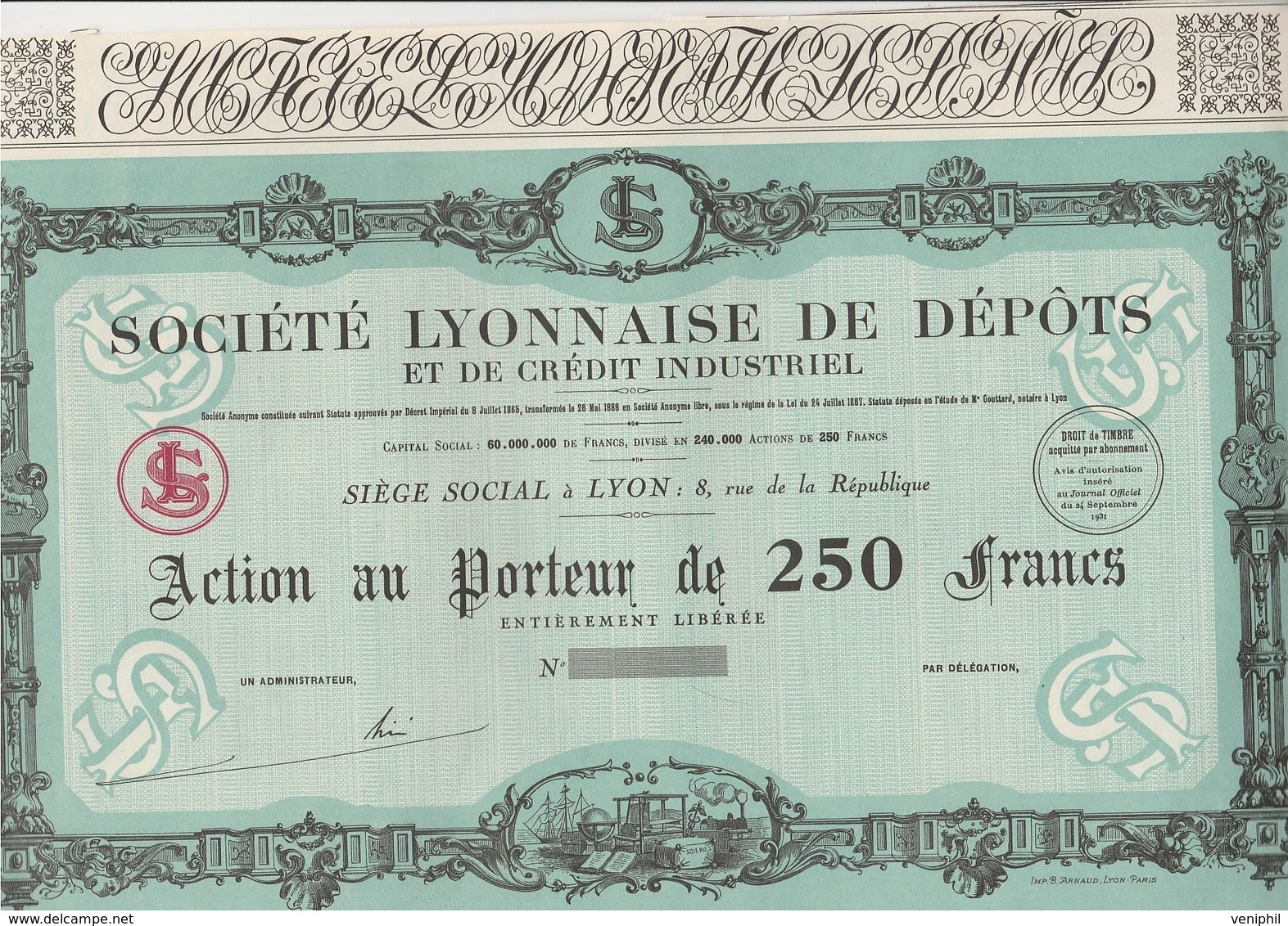 ACTION DE 250 FRANCS  - SOCIETE LYONNAISE DE DEPOTS ET DE CREDIT INDUSTRIEL  - ANNEE 1931 - Bank & Versicherung