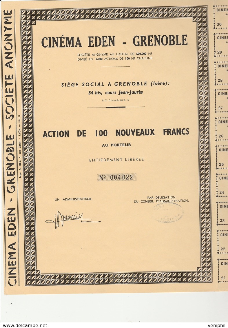 ACTION DE 100 NOUVEAUX FRANCS  - CINEMA EDEN - GRENOBLE - Cinéma & Théatre