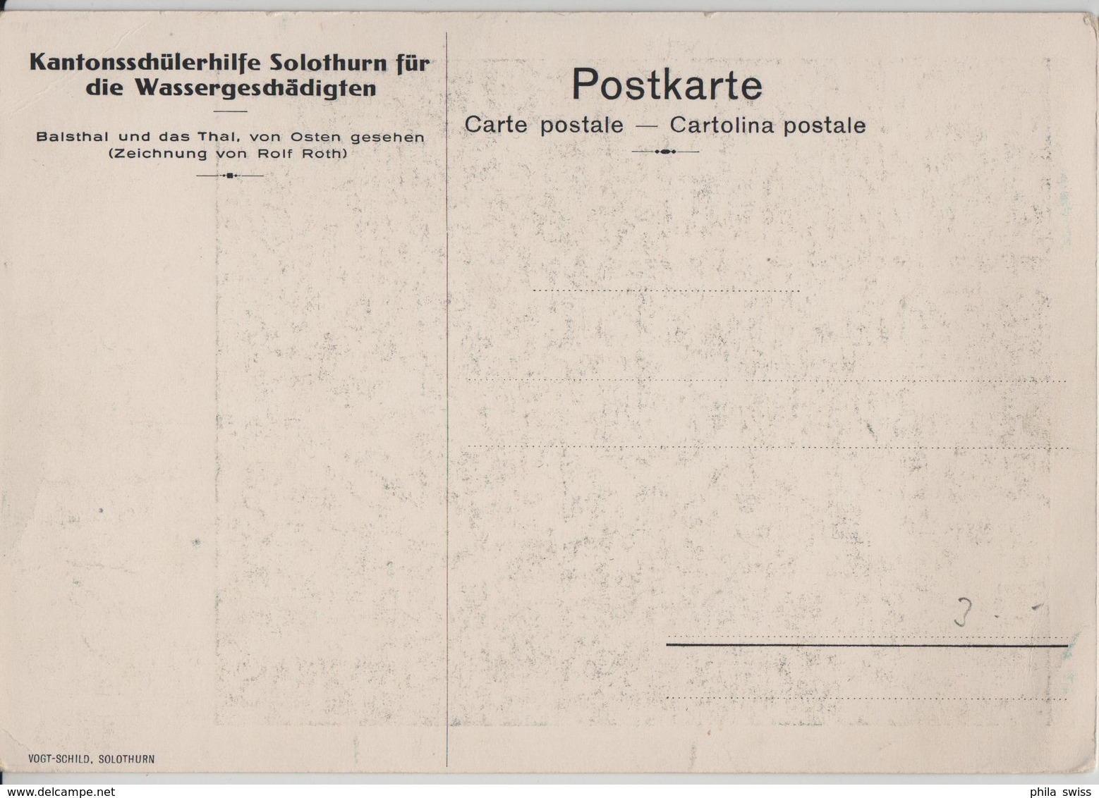 Kantonsschülerhilfe Solothurn Für Die Wassergeschädigten - Balsthal Und Das Thal, Von Osten Gesehen Zeichnung Rolf Roth - Autres & Non Classés