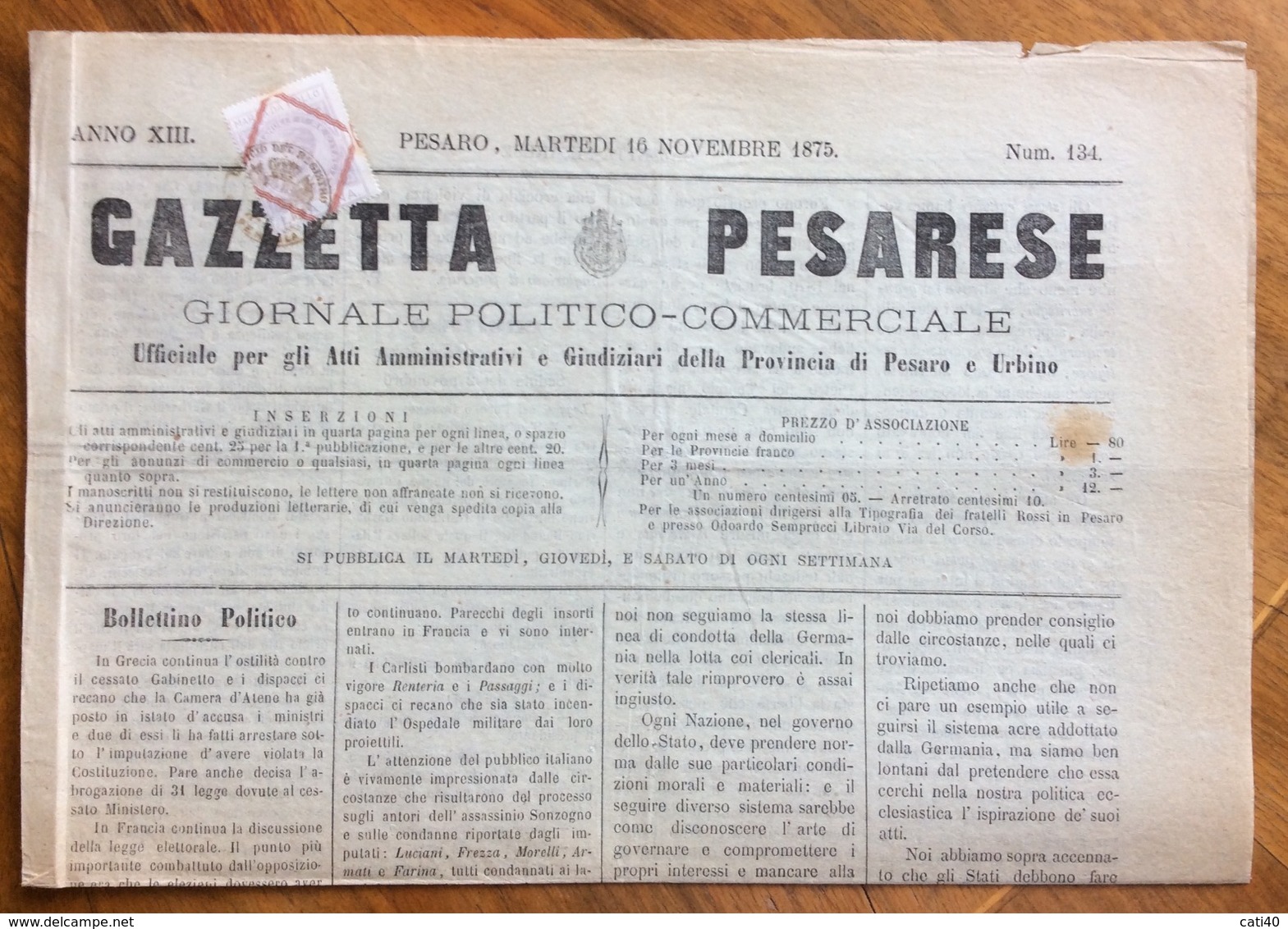 GAZZETTA PESARESE GIORNALE POLITICO COMMERCIALE PESARO 16/11/1875 In Prima Pagina Discorso Dell'On. Minghetti - Ante 1900