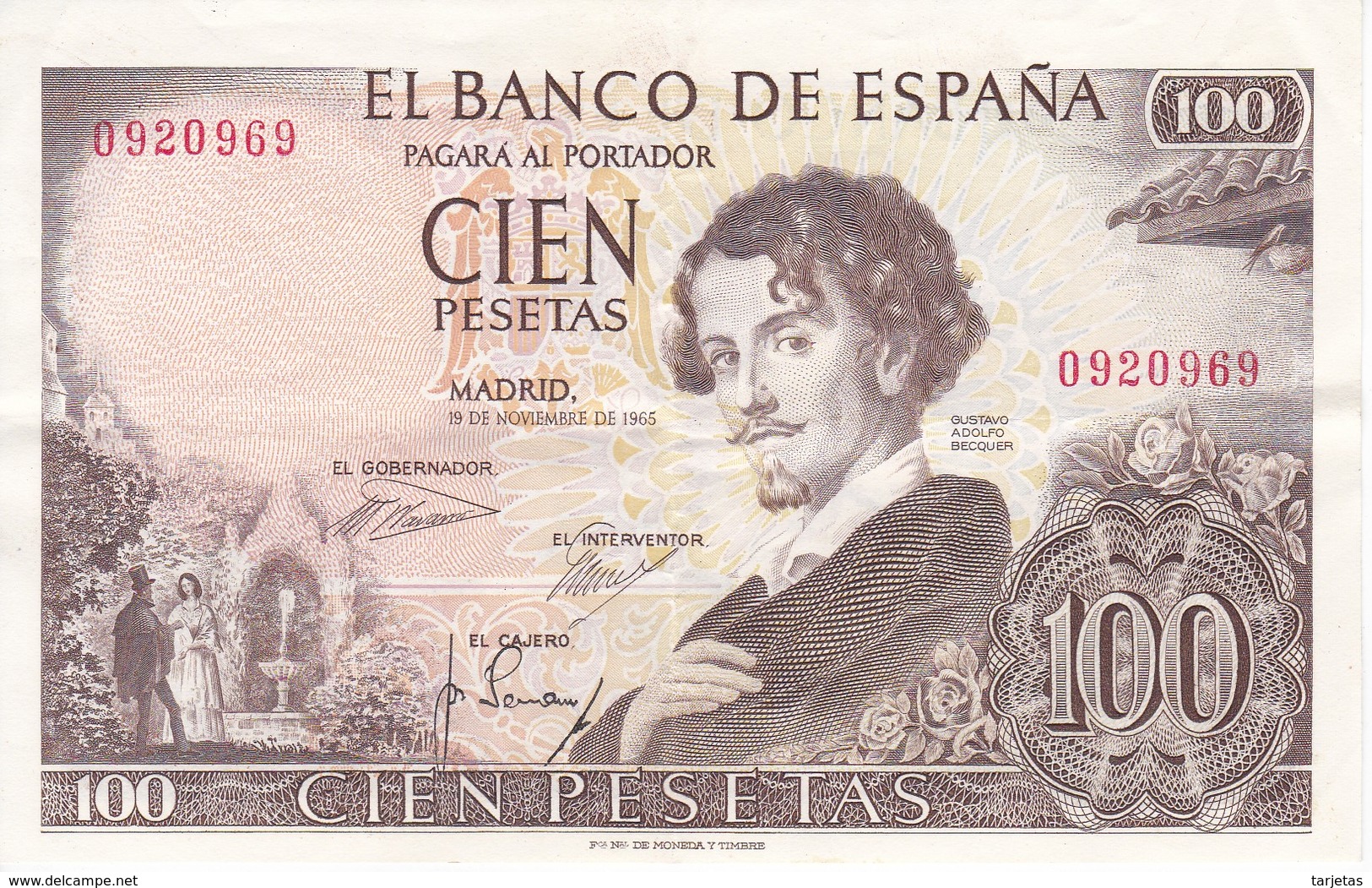 BILLETE DE ESPAÑA DE 100 PTAS DE AÑO 1965 BECQUER SIN SERIE  (BANK NOTE) RARO - 100 Pesetas