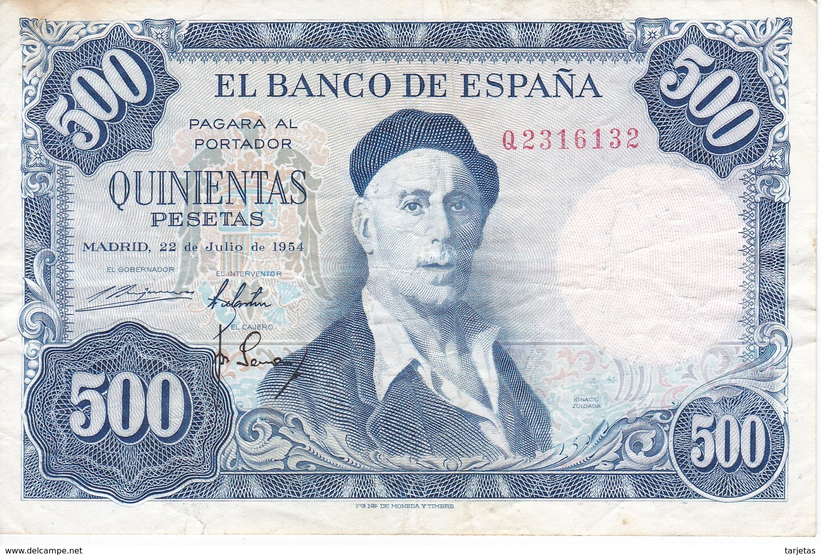 ¡¡CAPICUA!! BILLETE DE ESPAÑA DE 500 PTAS DEL AÑO 1954 IGNACIO ZULOAGA  2316132 - 500 Pesetas