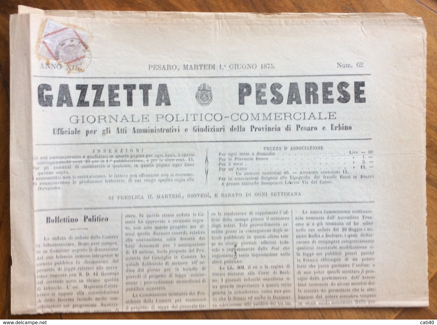 GAZZETTA PESARESE GIORNALE POLITICO COMMERCIALE PESARO  Del 1/6/1875  Con All'interno Vari Fatti Locali - Before 1900