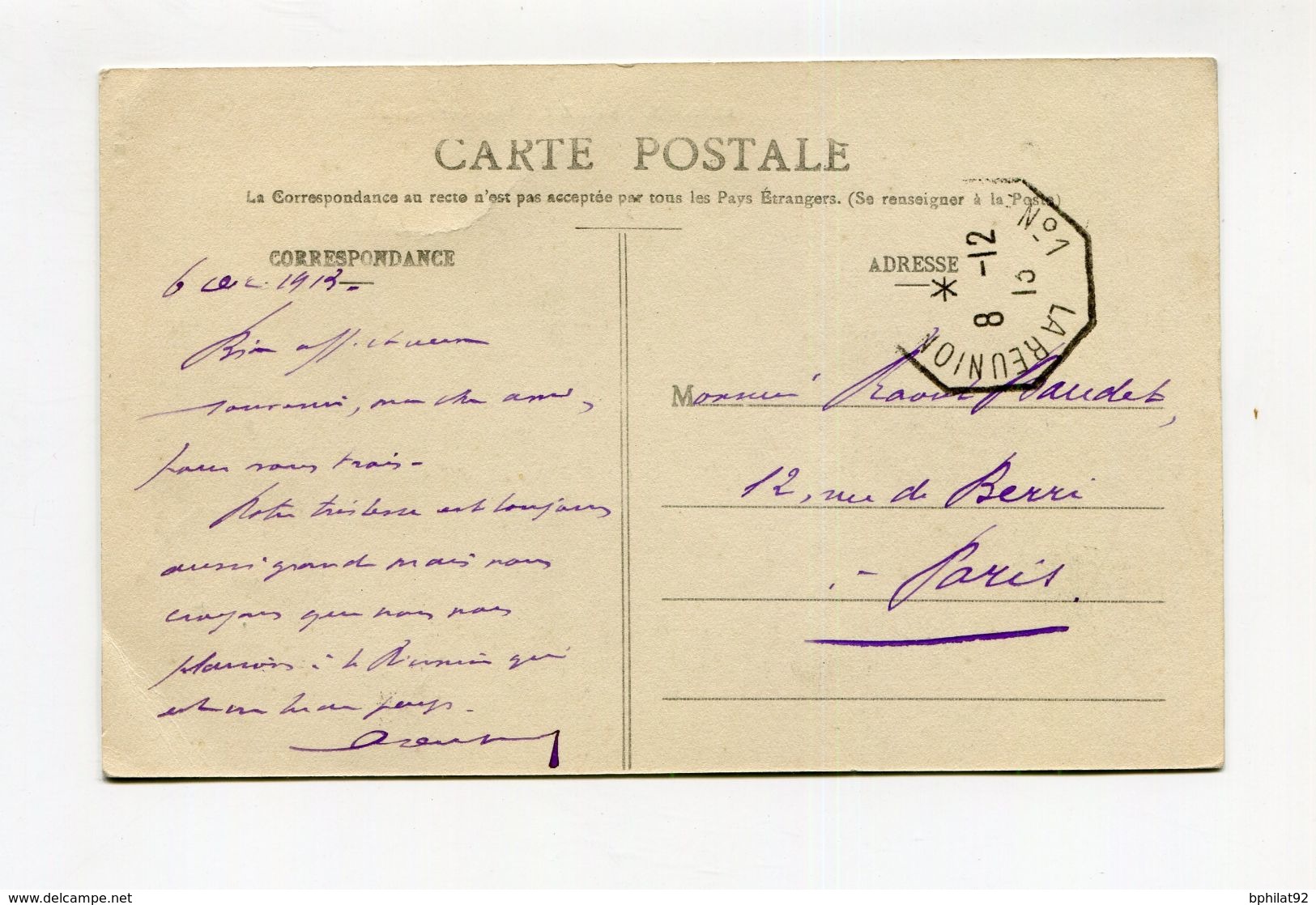 !!! PRIX FIXE : CACHET MARITIME "LA REUNION A MARSEILLE N°1" DU 8/12/1913 SUR CPA DE SALAIZIE - Lettres & Documents