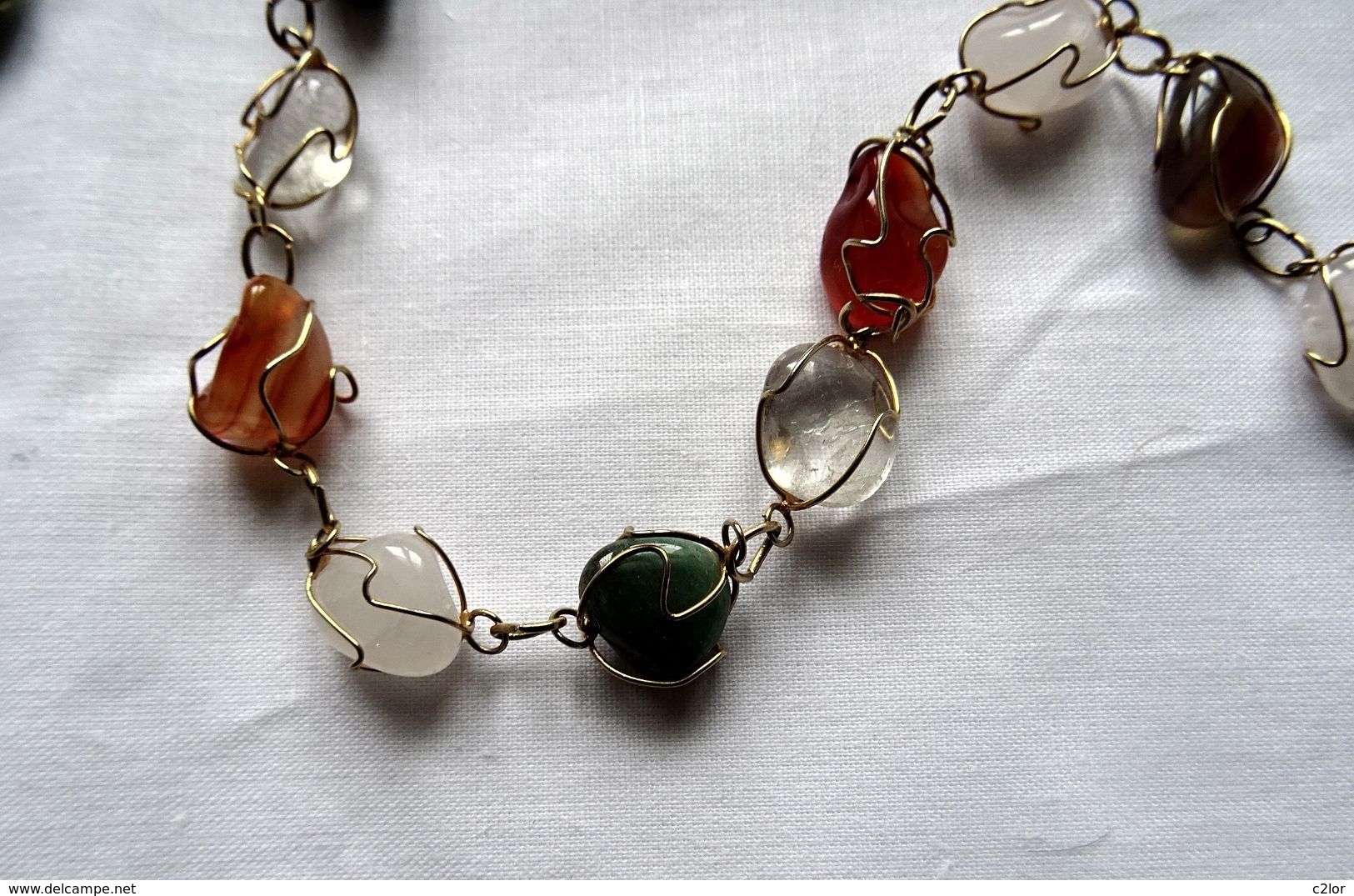 Collier En Pierres Naturelles Quartz, Cornaline, Agate ... Sur Métal Doré , VINTAGE - Necklaces/Chains