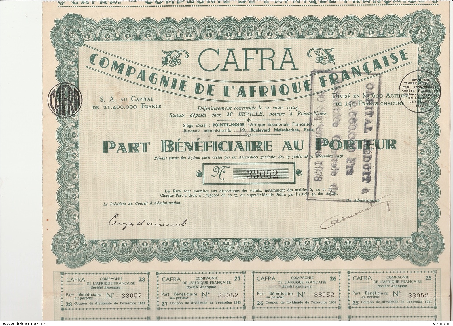 PART BENEFICIAIRE  - CAFRA - COMPAGNIE DE L'AFRIQUE FRANCAISE - POINTE NOIRE - 1924 - Africa