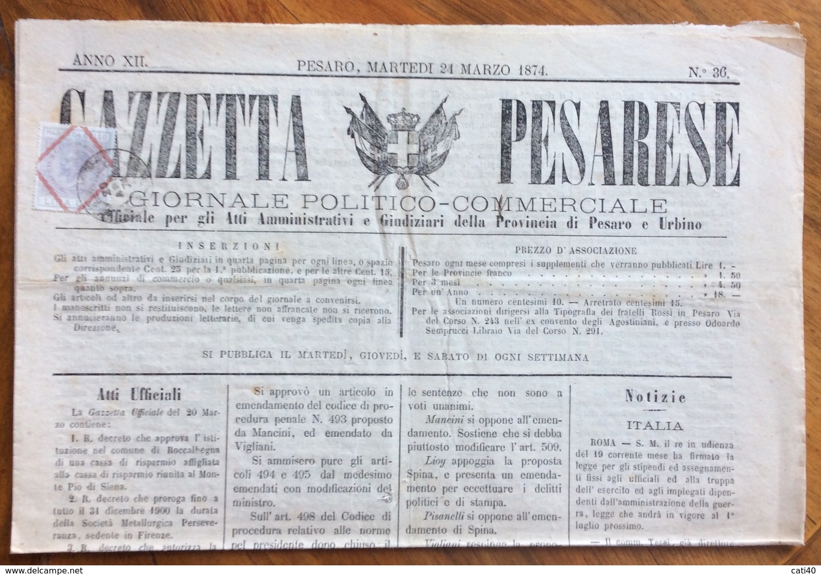 GAZZETTA PESARESE GIORNALE POLITICO COMMERCIALE PESARO  Del 24/3/1874  Con Cronache Locali - Ante 1900