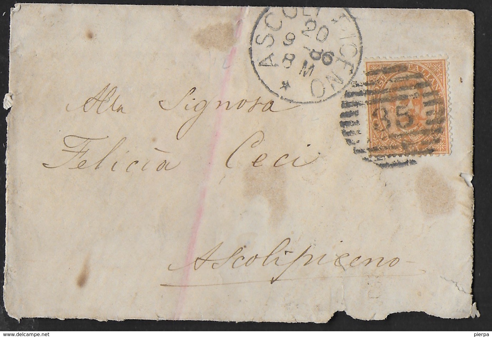 STORIA POSTALE REGNO - ANNULLO NUMERALE GC ASCOLI PICENO (p.2) 20.9.1886 SU BUSTINA - Storia Postale