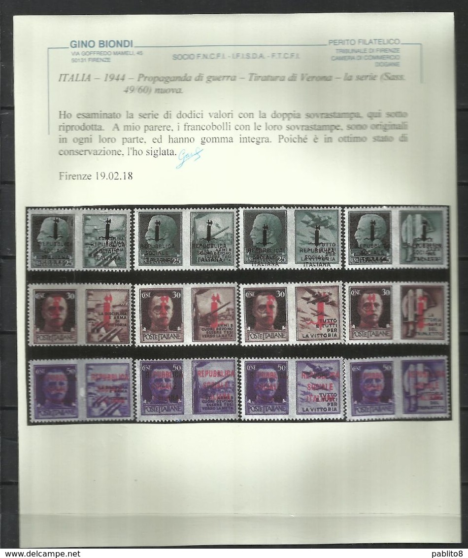 ITALIA REGNO ITALY KINGDOM REPUBBLICA SOCIALE RSI 1944 PROPAGANDA DI GUERRA FASCIO DOPPIO SERIE COMPLETA MNH CERTIFICATO - Propaganda Di Guerra