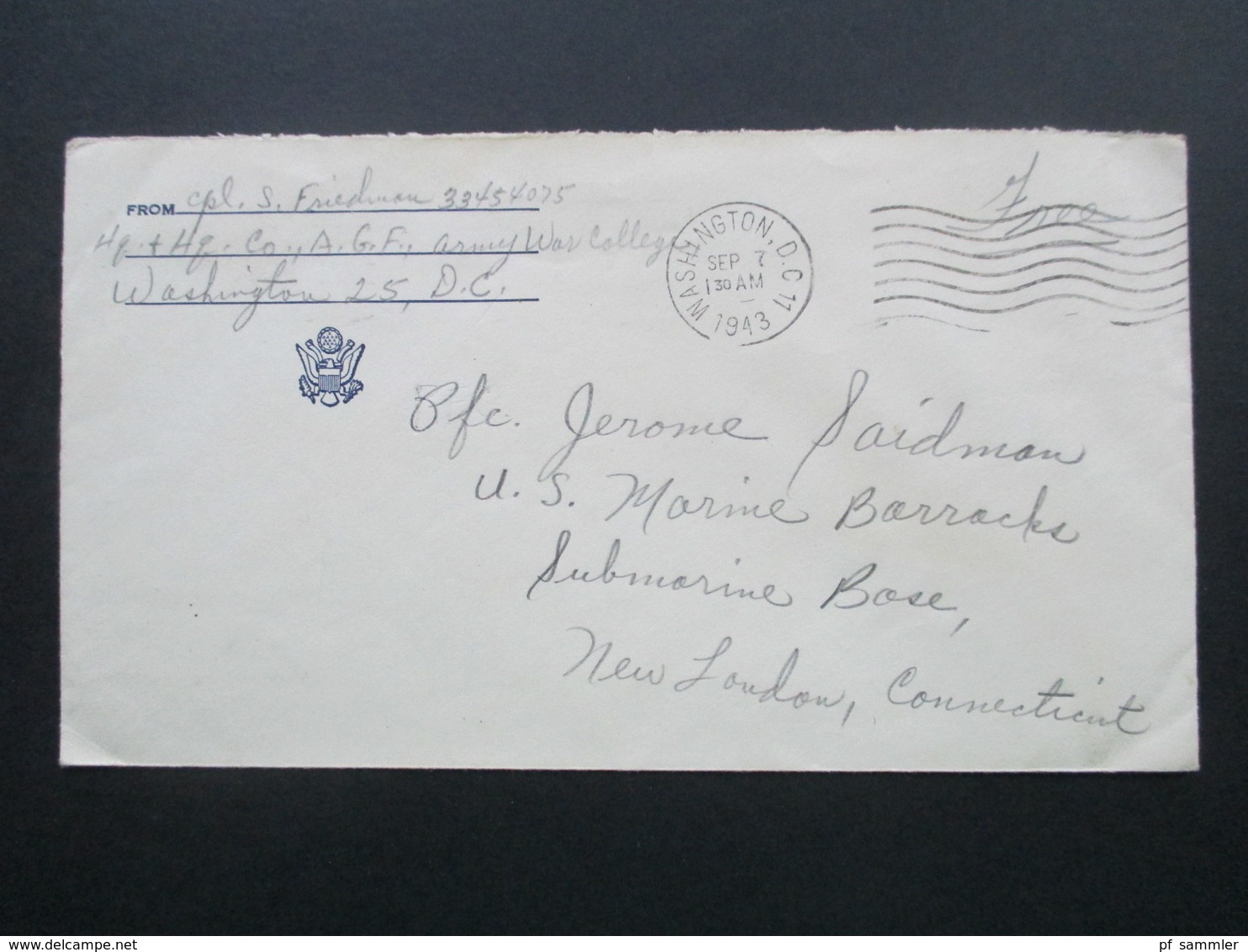 USA 1943 Military Post / Free. Army War College - US Marine Barracks Submarines Base New London - Briefe U. Dokumente