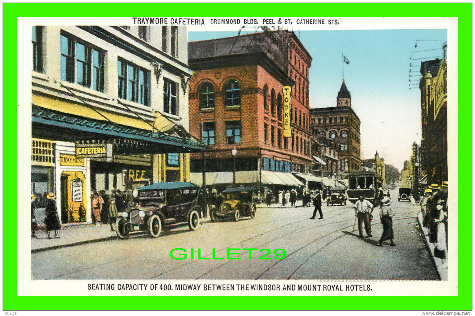 MONTRÉAL, QUÉBEC - TRAYMORE CAFETERIA,  DRUMMOND BUILDING - ANIMATED OLD CARS - NOVELTY MFG &amp; ART CO LTD - - Montreal