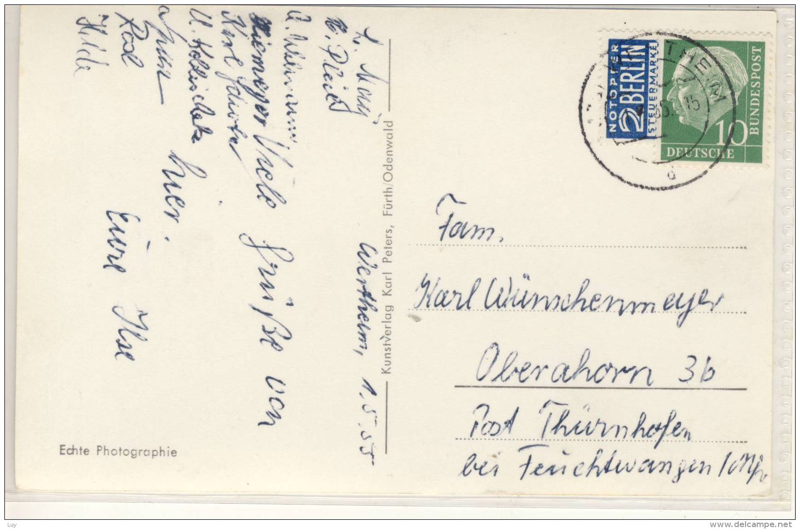ERTHEIM AM MAIN  DIE SCHLOSSRUINE 1955 MIT NOTOPFER STEUERMARKE - Wertheim