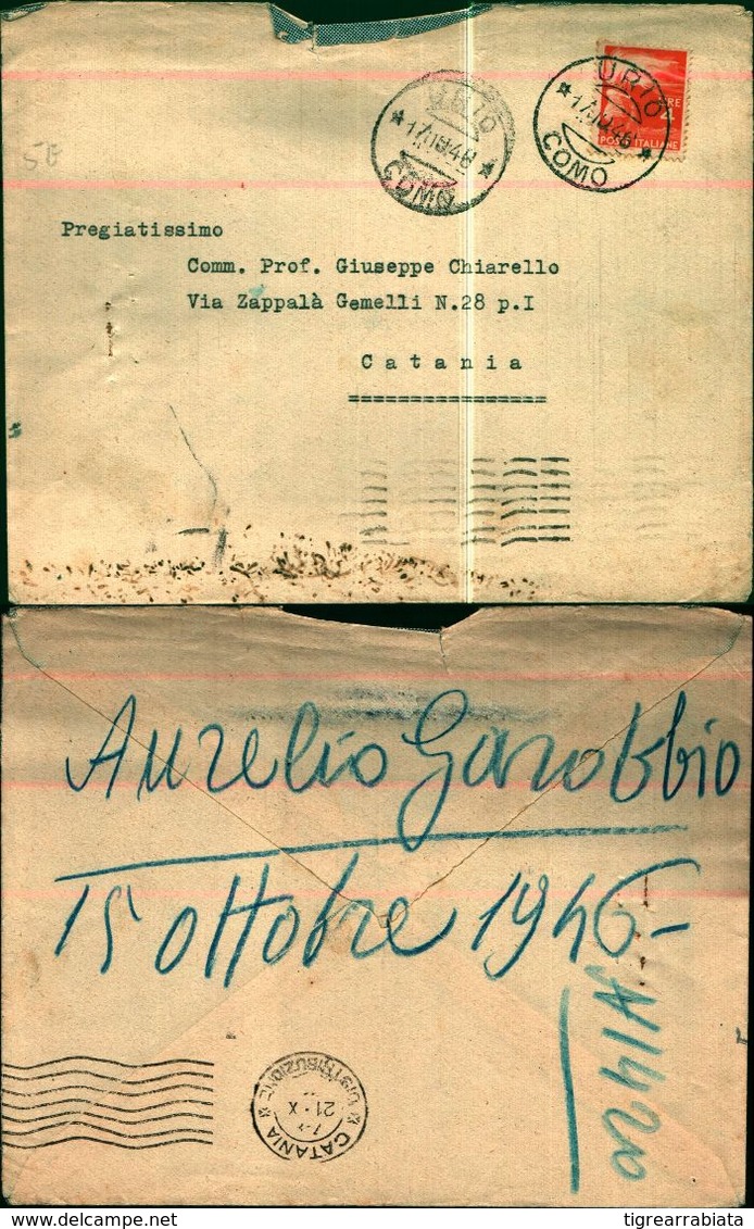 8367a) Busta Con 4lire Democratica Da Urio Como X Catania  17-10-46 - 1946-60: Storia Postale