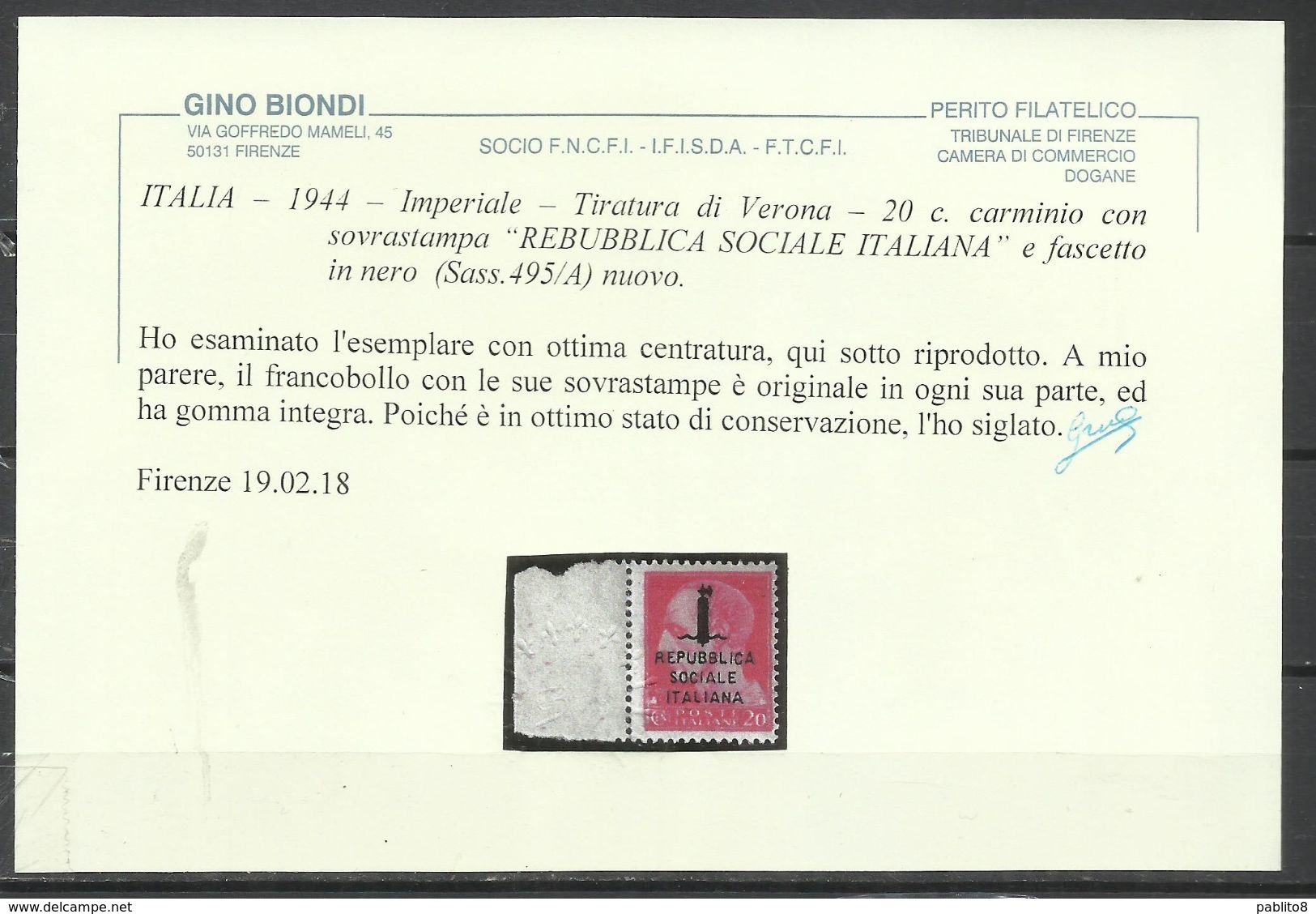 ITALIA REGNO ITALY KINGDOM 1944 REPUBBLICA SOCIALE ITALIANA RSI GIULIO CESARE CENT. 20c  FASCIO MNH CERTIFICATO - Ungebraucht