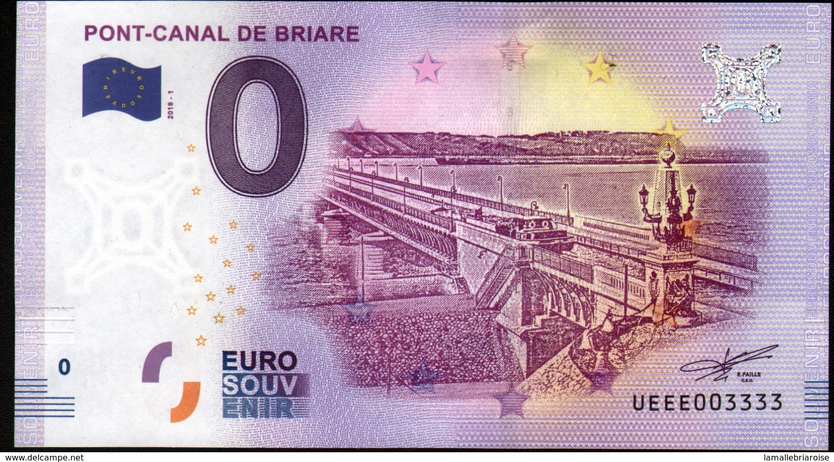 France - Billet Touristique 0 Euro 2018 N°3333 (UEEE003333/5000) - PONT-CANAL DE BRIARE, Palindrome - Essais Privés / Non-officiels