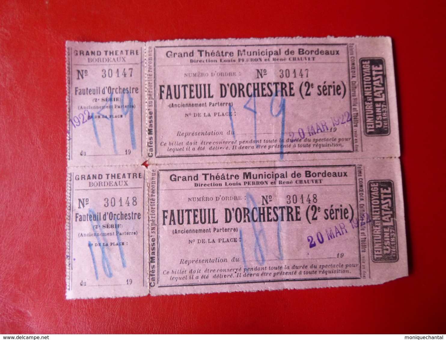 GRAND THEATRE DE BORDEAUX- FAUTEUILS D'ORCHESTRE - Mars 1922 - Tickets - Vouchers