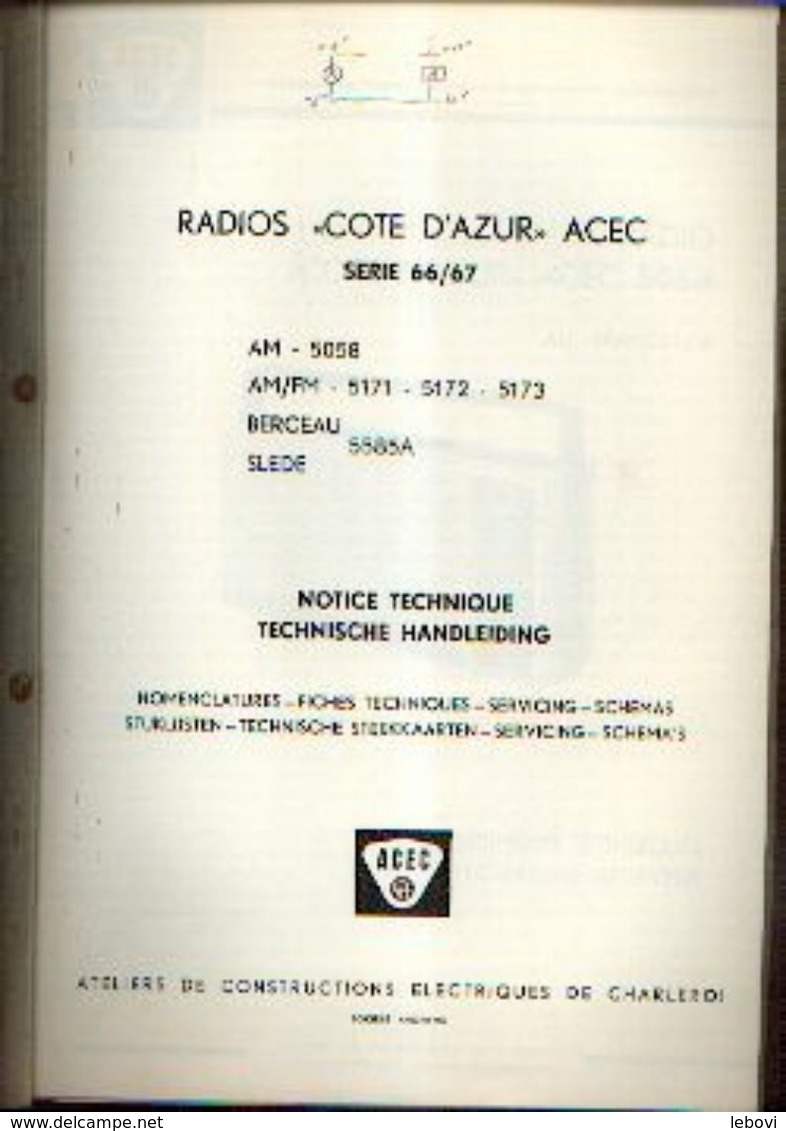 « ACEC CHARLEROI – Radios Côte D’azur – Série 66/67 – Notice Technique» - Literatur & Schaltpläne