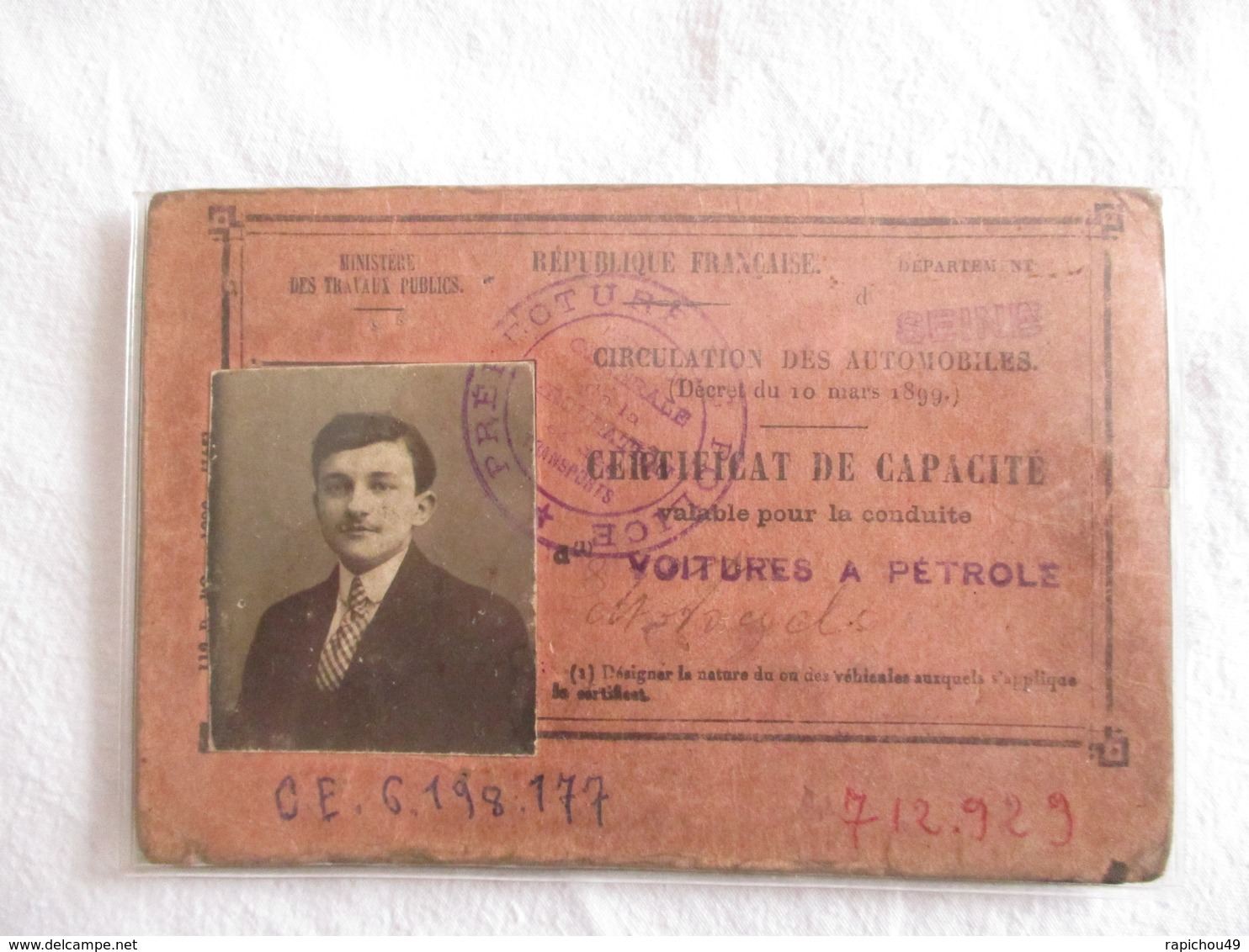 CERTIFICAT DE CAPACITE VALABLE POUR LA CONDUITE DE VOITURES A PETROLE (1921) - Ancêtre Du Permis De Conduire Français .. - Cars