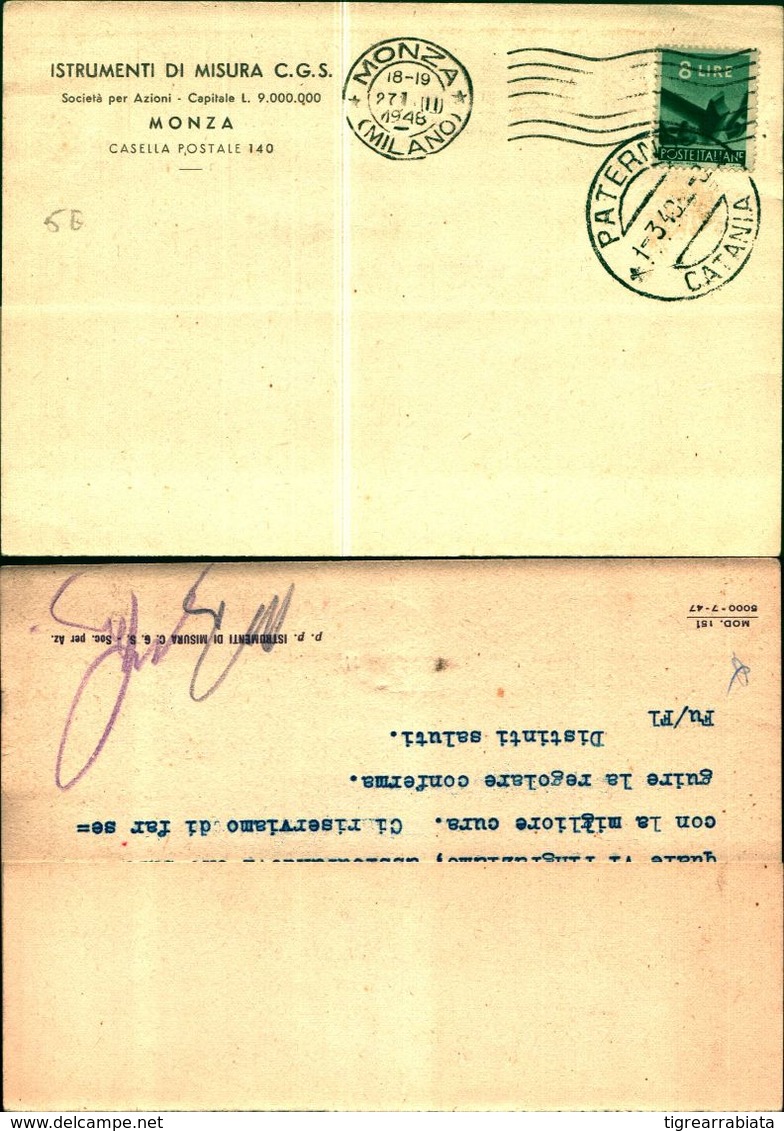 8259a)  Cartolina Con 8 Lire Democratica Da Monza A Catania 1-3-48 - 1946-60: Storia Postale