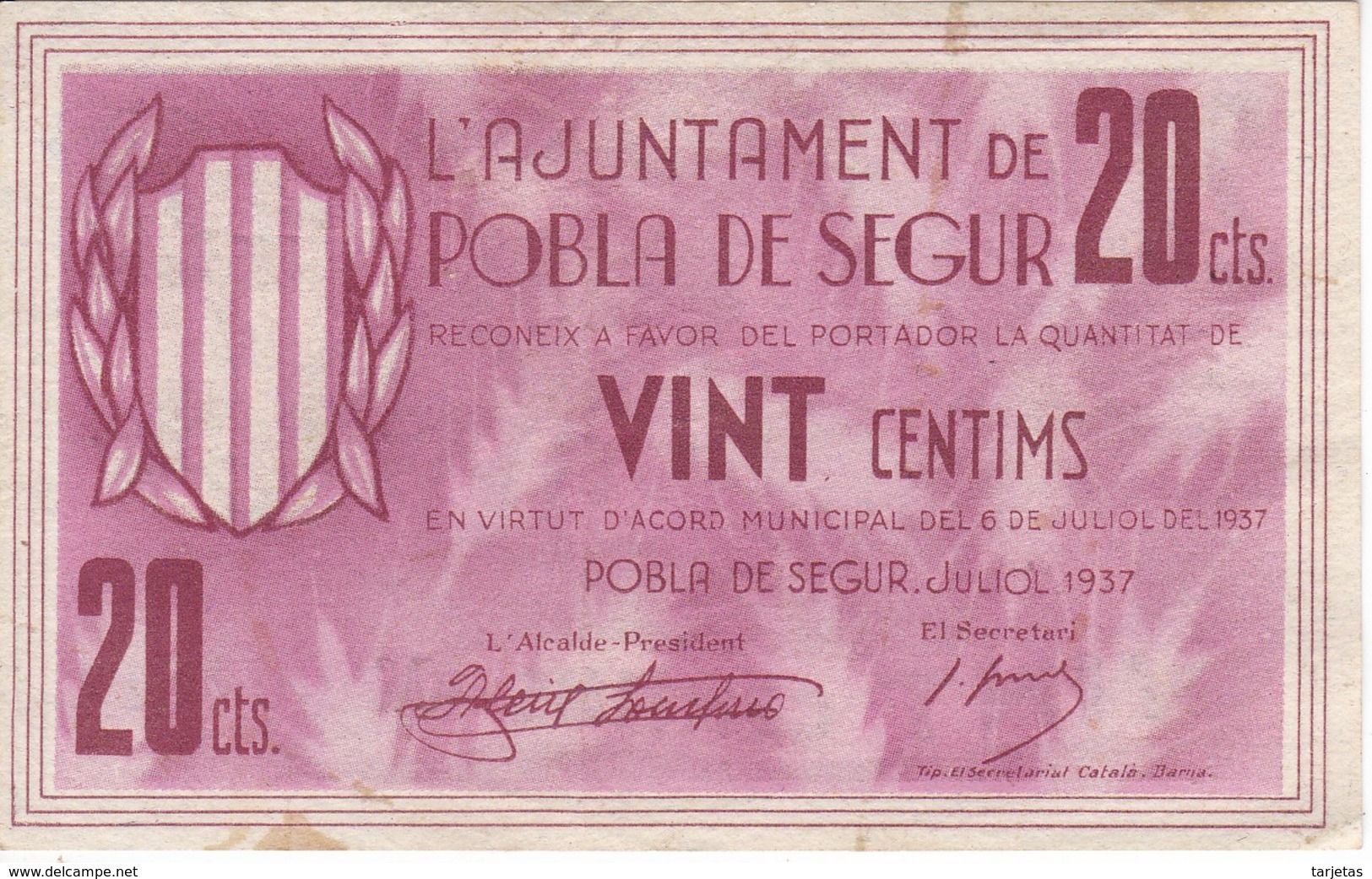 BILLETE DE 20 CENTIMOS DEL AJUNTAMENT DE LA POBLA DE SEGUR DEL AÑO 1937   (BANKNOTE) - Otros & Sin Clasificación