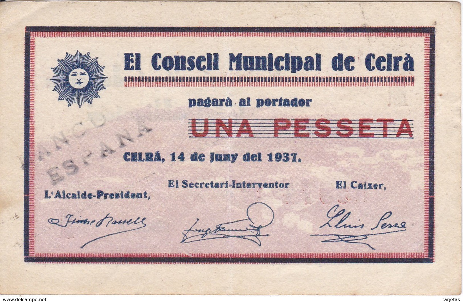 BILLETE DE 1 PESETA DEL CONSELL MUNICIPAL DE CELRA DEL AÑO 1937   (BANKNOTE) - Otros & Sin Clasificación