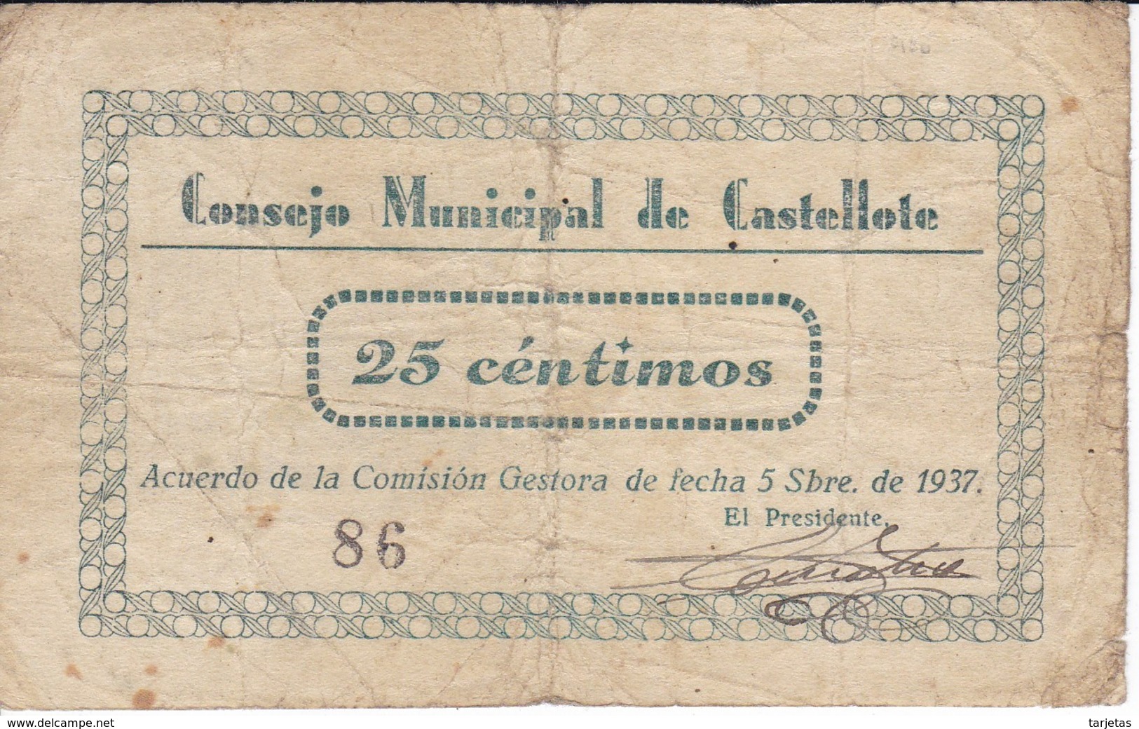 BILLETE DE 25 CENTIMOS DEL CONSEJO MUNICIPAL DE CASTELLOTE DEL AÑO 1937  (BANKNOTE) - Autres & Non Classés