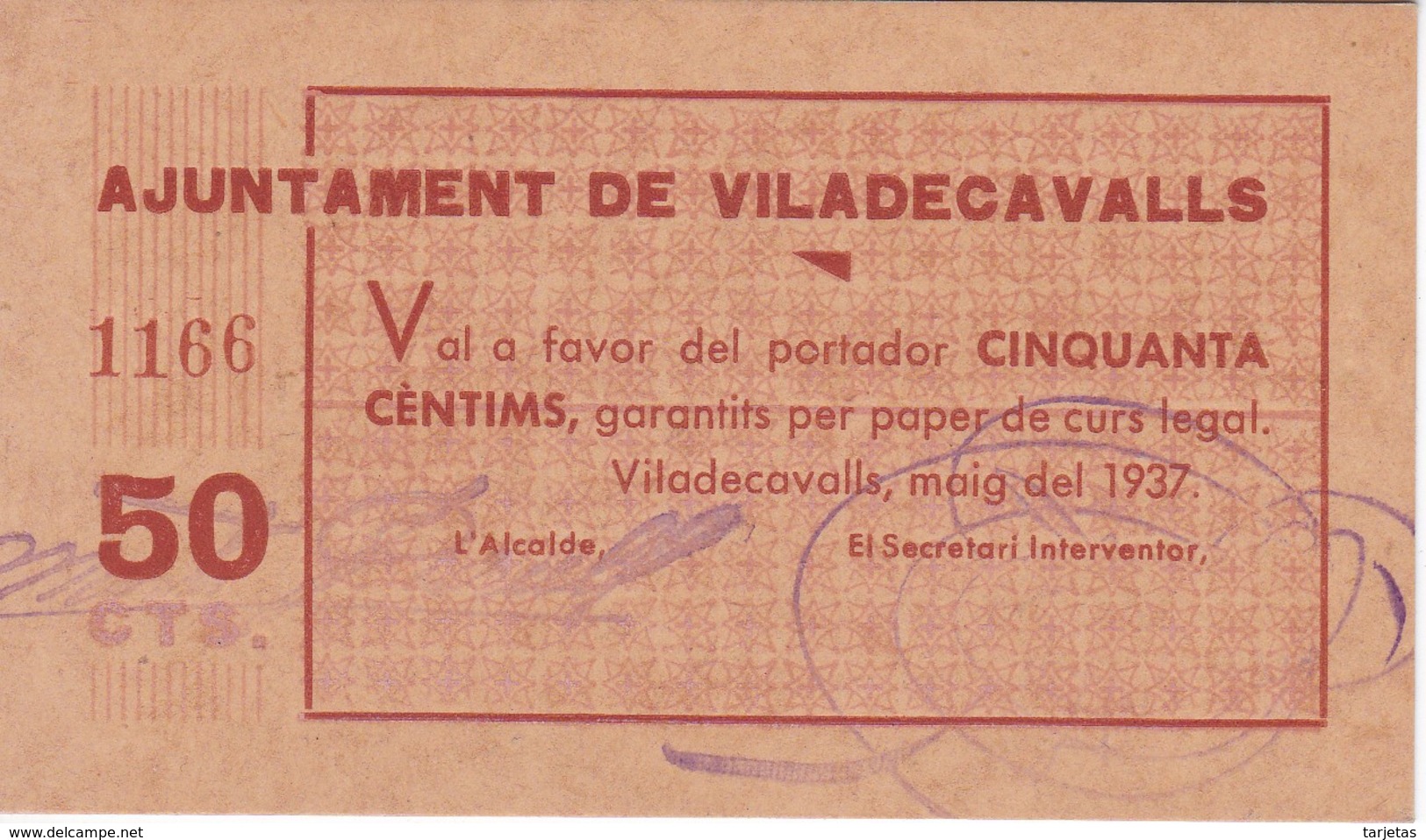 BILLETE DE 50 CENTIMOS DEL AJUNTAMENT DE VILADECAVALLS DEL AÑO 1937 SIN CIRCULAR - UNCIRCULATED  (BANKNOTE) - Otros & Sin Clasificación