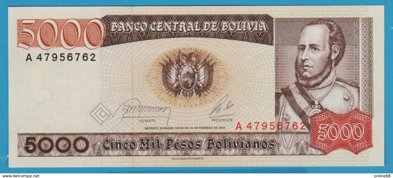 BOLIVIA 	5.000 Pesos Bolivianos 	D.10.02.1984	# A 47956762  P# 168 - Bolivia