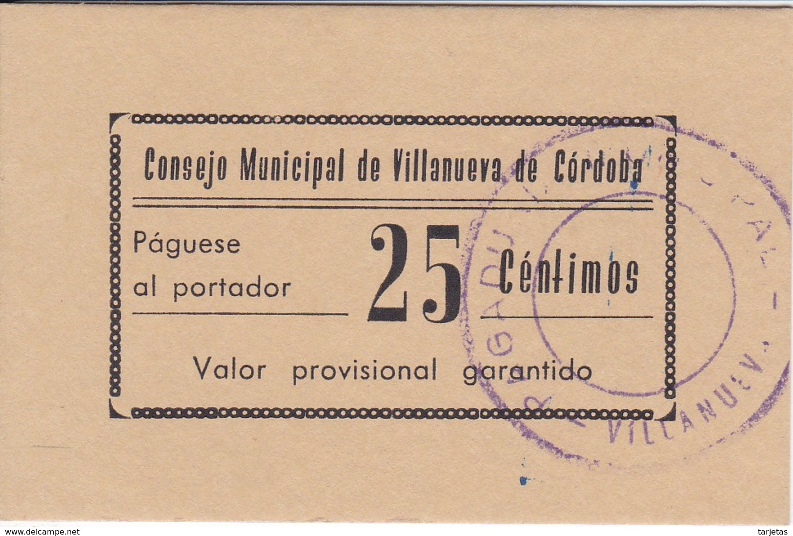 BILLETE DE 25 CENTIMOS DEL CONSEJO MUNICIPAL DE VILLANUEVA DE CORDOBA DEL AÑO 1937 SIN CIRCULAR-UNCIRCULATED  (BANKNOTE) - Sonstige & Ohne Zuordnung