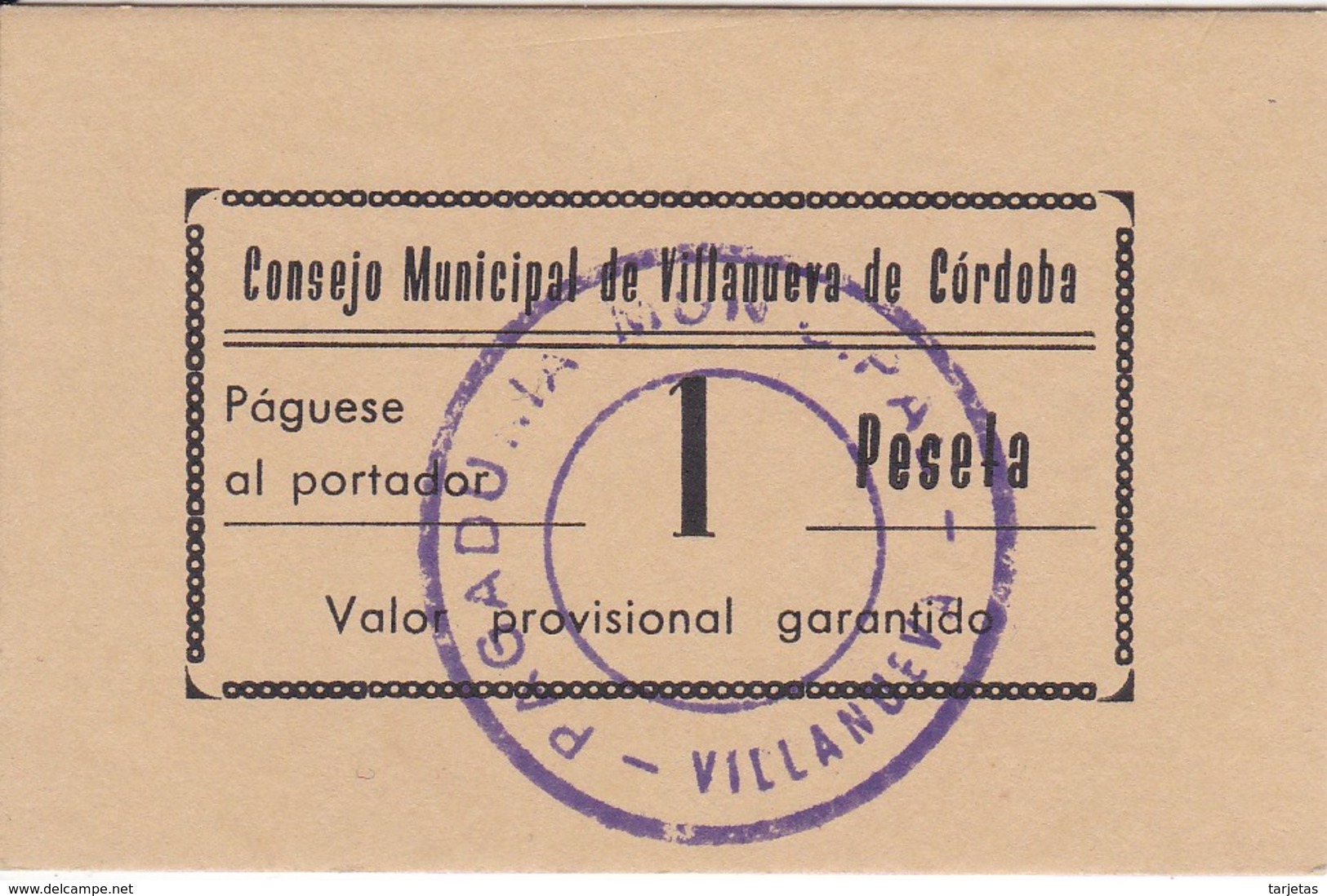 BILLETE DE 1 PESETA DEL CONSEJO MUNICIPAL DE VILLANUEVA DE CORDOBA DEL AÑO 1937 SIN CIRCULAR - UNCIRCULATED  (BANKNOTE) - Otros & Sin Clasificación