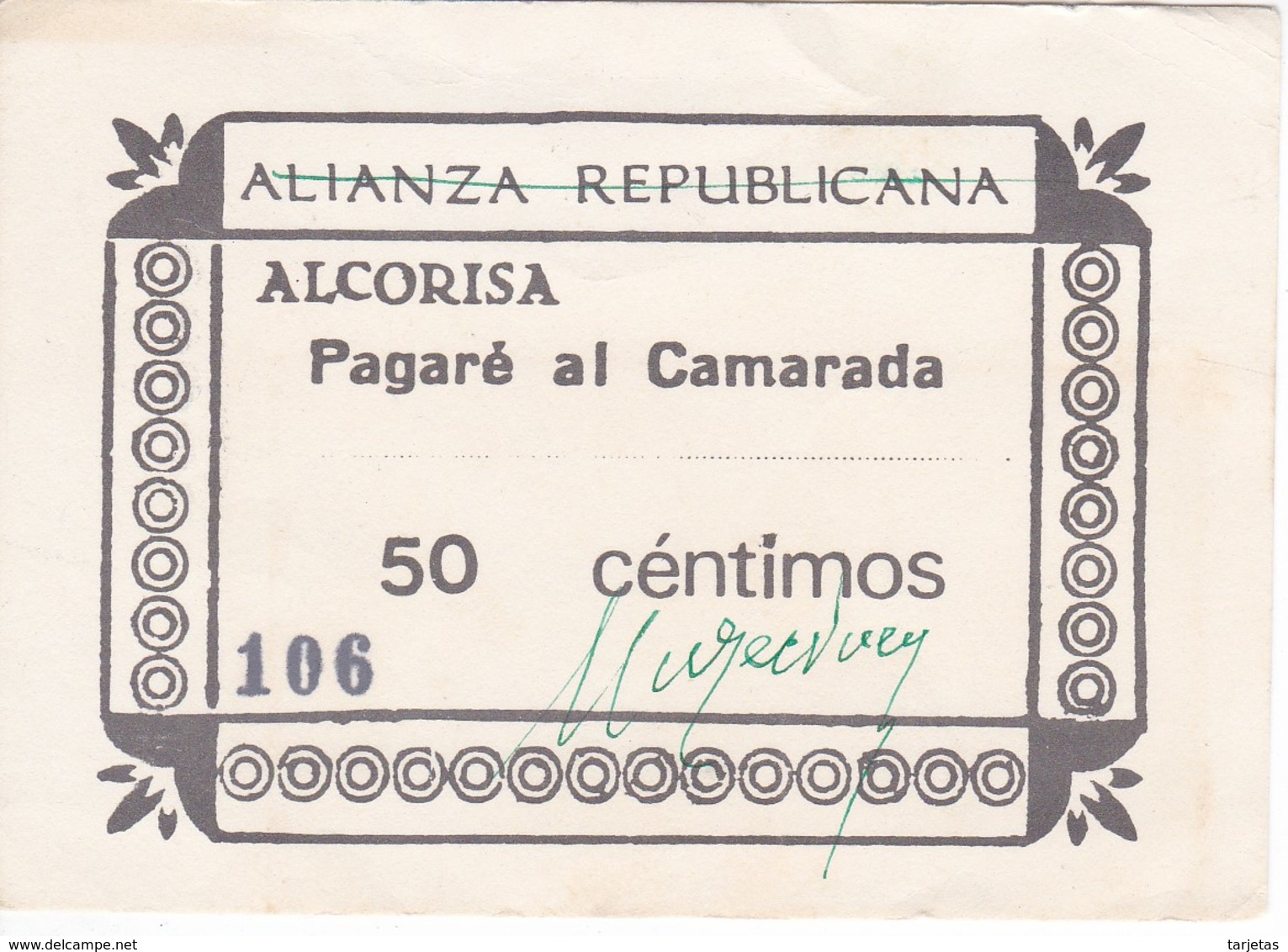 BILLETE DE 50 CENTIMOS DE LA ALIANZA REPUBLICANA DE ALCORISA (TERUEL)   (BANKNOTE) - Autres & Non Classés