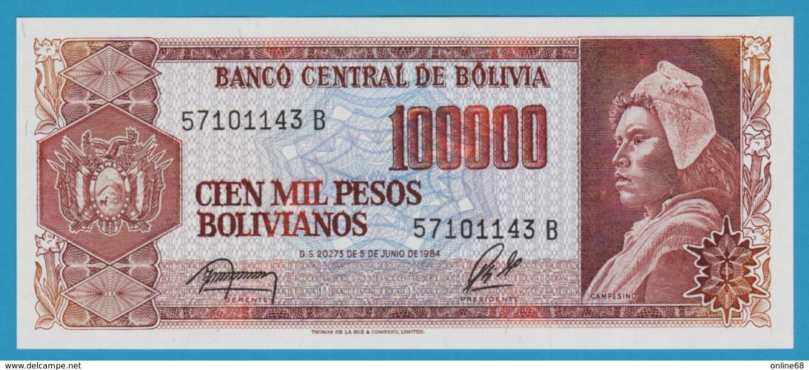 BOLIVIA 	100.000 Pesos Bolivianos 	D.05.06.1984	# 57101143B  P# 171 - Bolivia