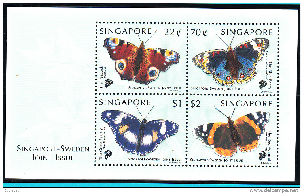 Singapore 1999 MNH Scott #907 Souvenir Sheet Of 4 Butterflies Joint With Sweden - Singapur (1959-...)