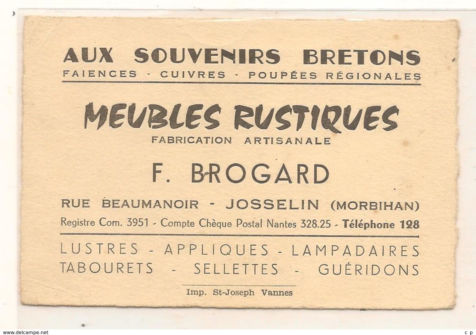 Josselin -  Aux Souvenirs  Bretons - Meubles Rustique - Brogard . F -  Carte De Visite - Publicitaire - CPA° - Josselin
