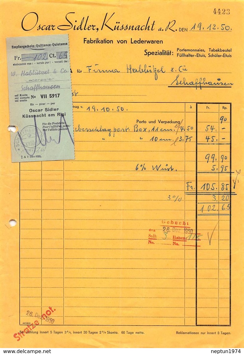 Oscar Sider Küssnacht, Fabrikation Von Lederwaren, Datiert 1950 - Suisse